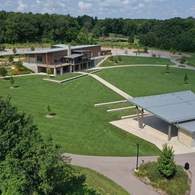 An aerial view of O'Day Lodge, Amphitheater and parking areas