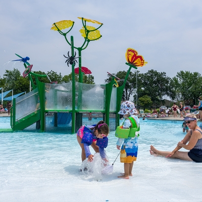 Young swimmers appreciate age-appropriate amenities and zero-depth beach entrance