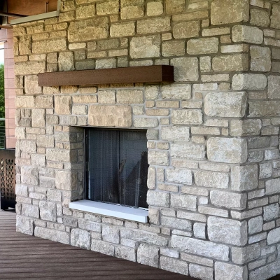 An indoor/outdoor fireplace at O'Day Lodge
