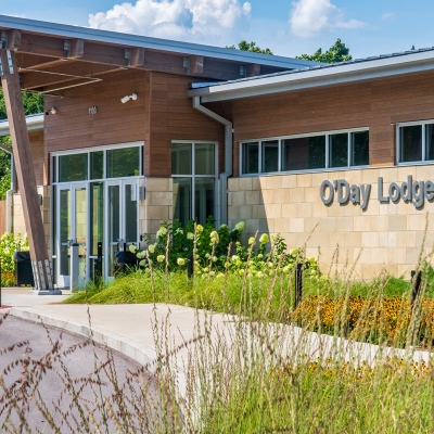 Sun-drenched entrance to O'Day Lodge