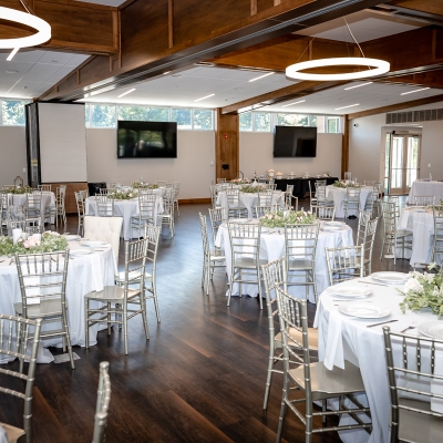 Beautiful centerpieces adorn the tables for this couple's wedding