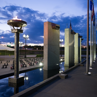 The reflecting pool, eternal flame and monoliths are beautiful symbols in the evening light.