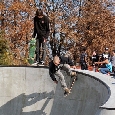 Skaters line up attempt one of Westhoff Plaza's bowls